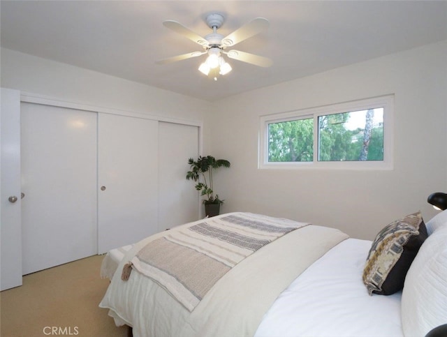 bedroom featuring carpet flooring, ceiling fan, and a closet