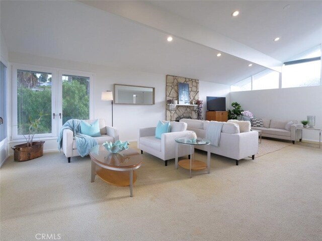 carpeted living room featuring beam ceiling, a healthy amount of sunlight, recessed lighting, and high vaulted ceiling