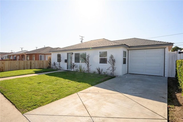 ranch-style house featuring a garage, concrete driveway, fence, a front lawn, and stucco siding