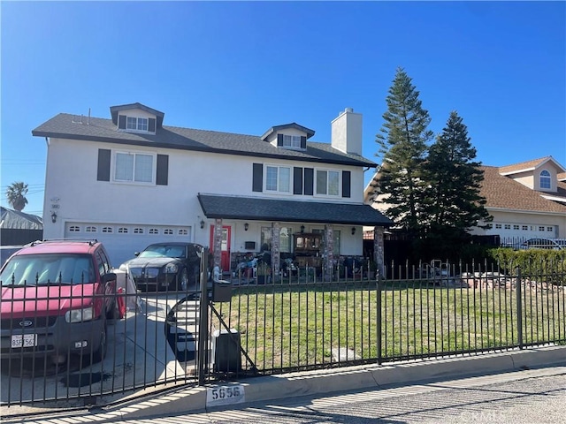 view of front facade featuring stucco siding, a fenced front yard, covered porch, concrete driveway, and a front yard