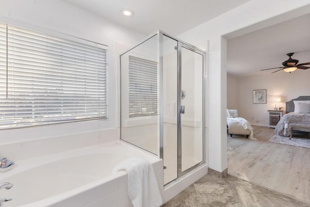 full bathroom featuring a ceiling fan, connected bathroom, a shower stall, a bath, and recessed lighting