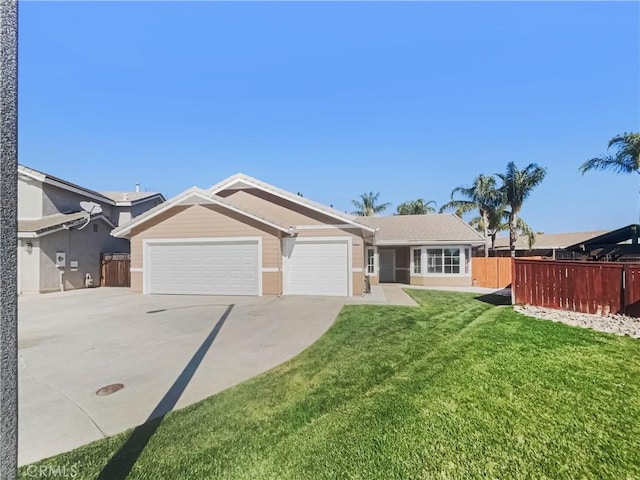 ranch-style home with a garage, driveway, fence, and a front yard