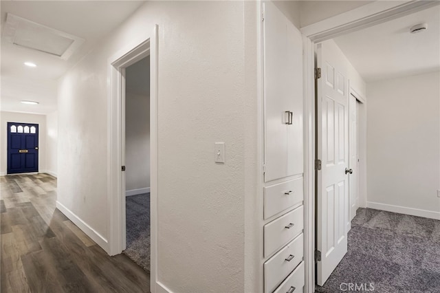 355 French St, Willows, CA 95988 - corridor featuring attic access, baseboards, and dark wood-style floors