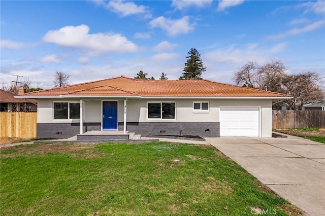 single story home featuring a garage, fence, driveway, a tiled roof, and a front yard