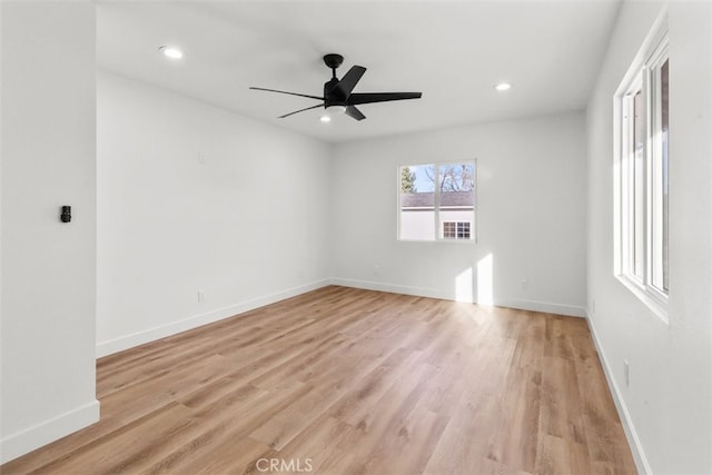 unfurnished room with recessed lighting, baseboards, ceiling fan, and light wood finished floors