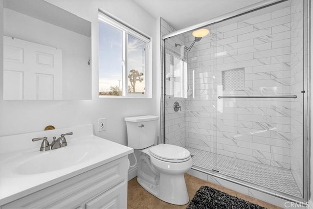 bathroom featuring toilet, vanity, and a shower stall