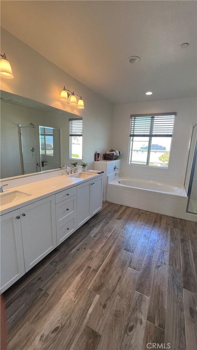 full bathroom featuring a shower stall, double vanity, wood finished floors, a bath, and a sink