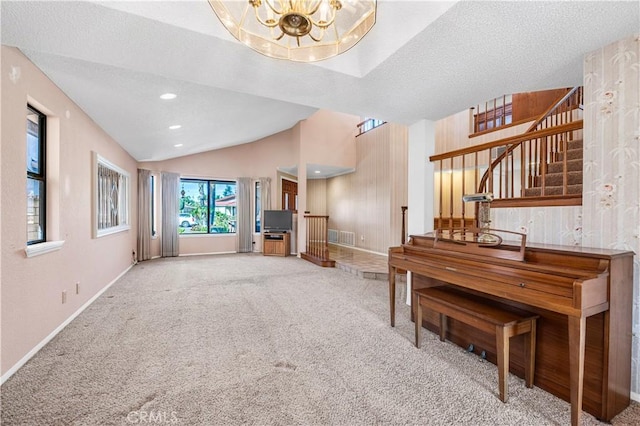 30220 Skippers Way Dr, Canyon Lake, CA 92587 - interior space featuring carpet, a notable chandelier, lofted ceiling, a textured ceiling, and stairs