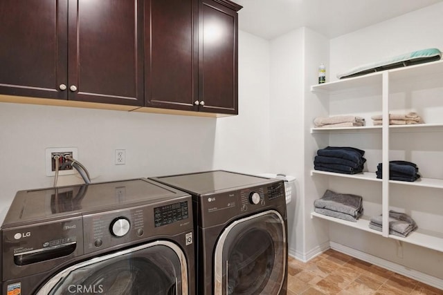 laundry area with baseboards, cabinet space, and washer and dryer