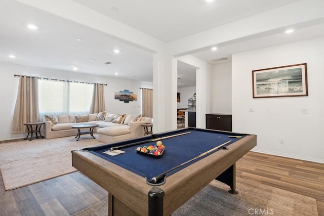 rec room featuring recessed lighting, visible vents, wood finished floors, billiards, and baseboards