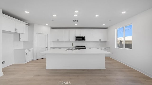 kitchen with visible vents, white cabinets, appliances with stainless steel finishes, a kitchen island with sink, and light countertops