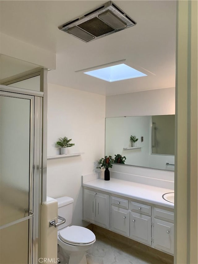 full bath featuring visible vents, toilet, a shower with door, marble finish floor, and vanity