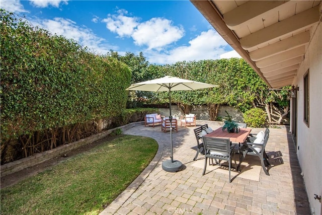 view of patio / terrace with outdoor dining area, a fenced backyard, and an outdoor hangout area