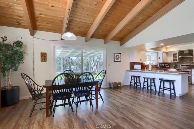 dining area featuring vaulted ceiling with beams, wooden ceiling, baseboards, and dark wood finished floors