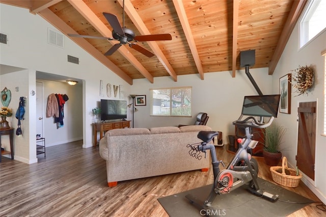 living room featuring visible vents, beamed ceiling, and wood finished floors