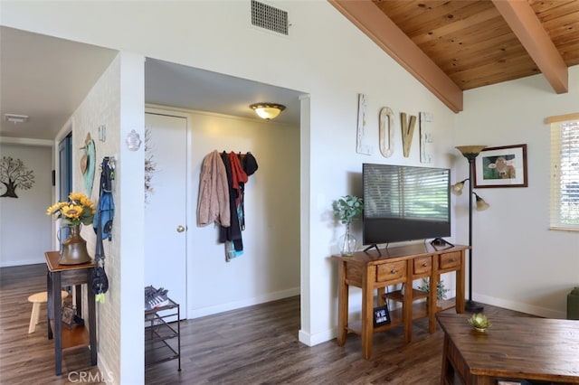 living room with vaulted ceiling with beams, wooden ceiling, dark wood finished floors, and visible vents