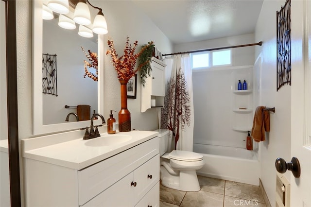 bathroom with toilet, tile patterned floors, vanity, and shower / tub combo with curtain