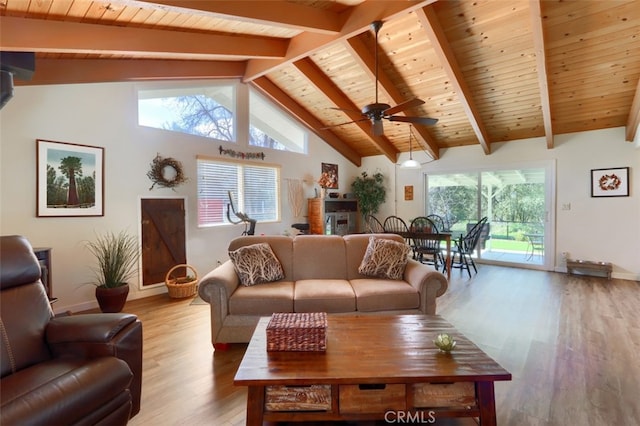 living area with wooden ceiling, plenty of natural light, light wood-style flooring, and beamed ceiling