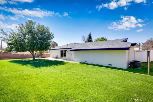 back of property with crawl space, a lawn, a fenced backyard, and stucco siding