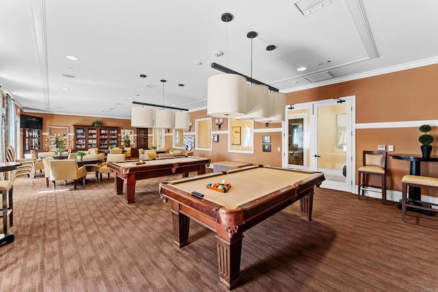 game room featuring recessed lighting, billiards, visible vents, and crown molding