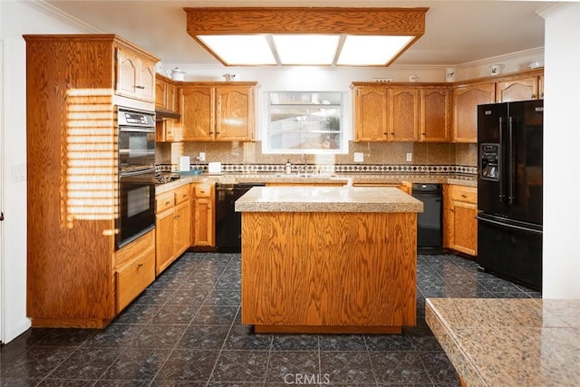 kitchen with tasteful backsplash, tile countertops, a center island, crown molding, and black appliances