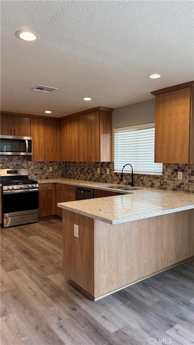 kitchen with a peninsula, appliances with stainless steel finishes, a sink, and wood finished floors