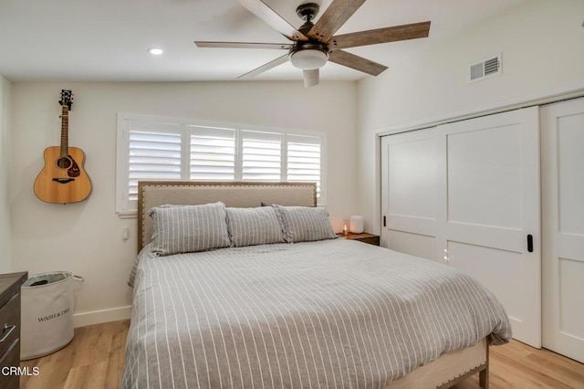 709 Greenbank Ave, Duarte, CA 91010 - bedroom featuring baseboards, visible vents, light wood-style flooring, a closet, and recessed lighting