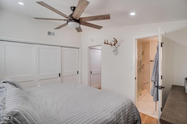 709 Greenbank Ave, Duarte, CA 91010 - bedroom with visible vents, ceiling fan, wood finished floors, a closet, and recessed lighting