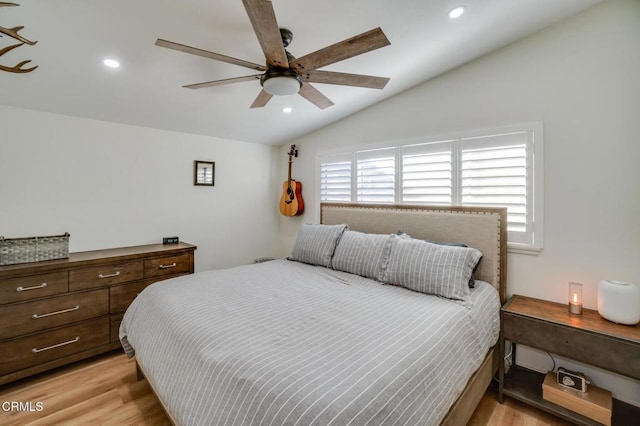 709 Greenbank Ave, Duarte, CA 91010 - bedroom with lofted ceiling, ceiling fan, light wood finished floors, and recessed lighting