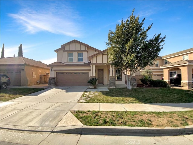 view of front of property with an attached garage, concrete driveway, stone siding, stucco siding, and a front lawn