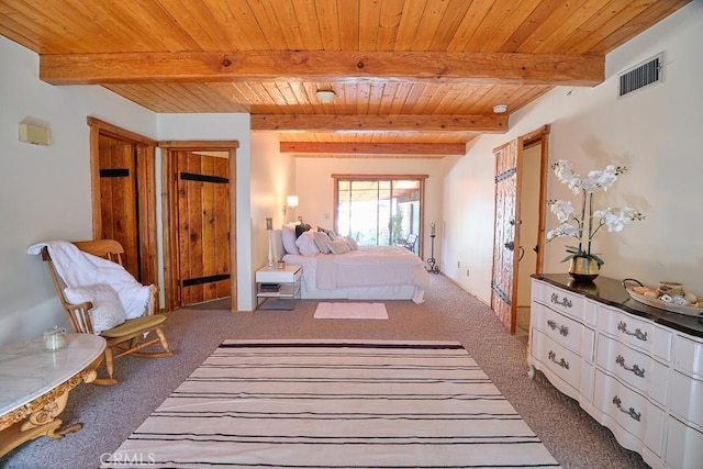 carpeted bedroom with visible vents, wooden ceiling, and beam ceiling