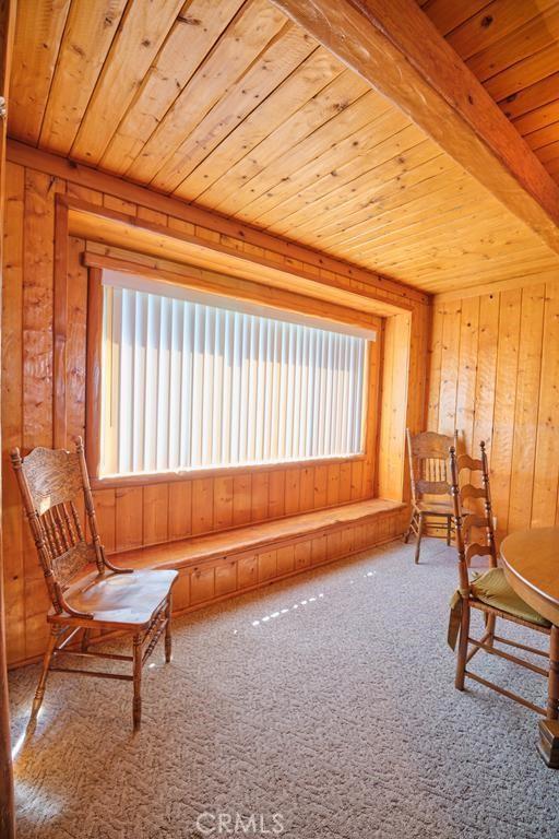 living area with wood walls, carpet flooring, and wooden ceiling