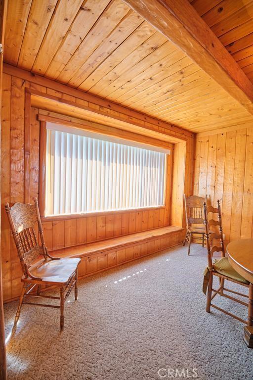 sitting room featuring wood ceiling, carpet flooring, and wooden walls