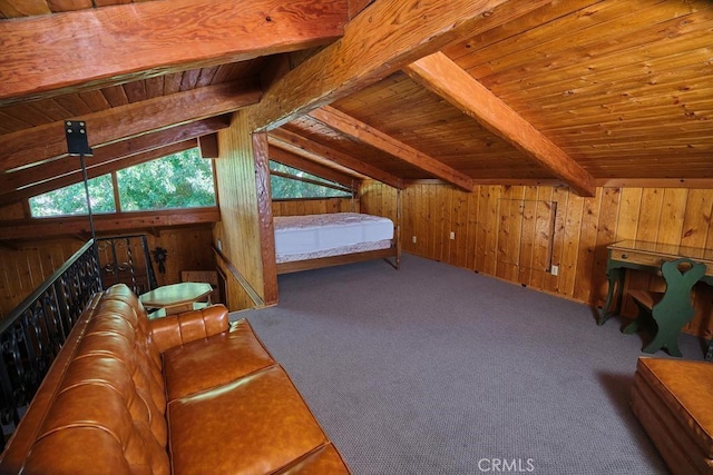 unfurnished bedroom featuring wood ceiling, wood walls, lofted ceiling with beams, and carpet flooring