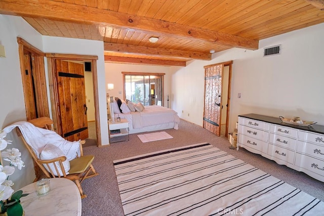 bedroom featuring wooden ceiling, visible vents, beam ceiling, and carpet