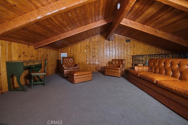 carpeted living area with wooden walls, lofted ceiling with beams, and wood ceiling