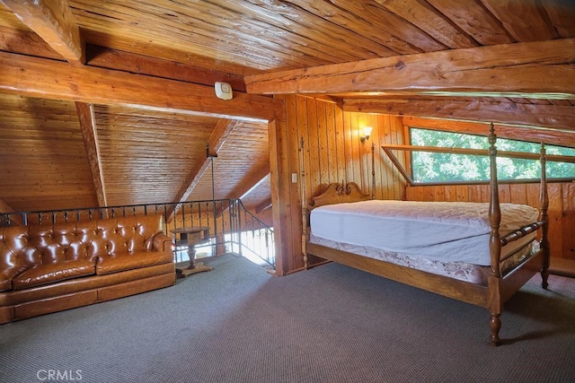 bedroom featuring wood walls, wood ceiling, beam ceiling, and carpet floors