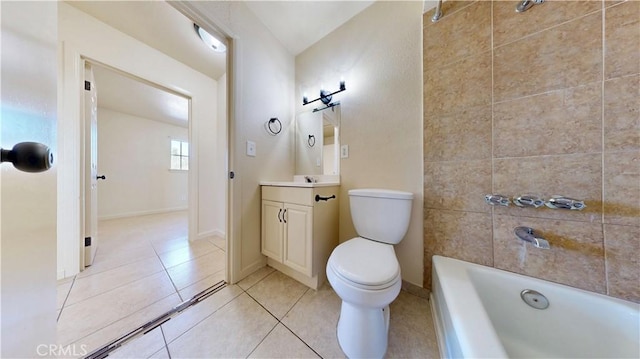 bathroom with toilet, shower / bath combination, vanity, baseboards, and tile patterned floors