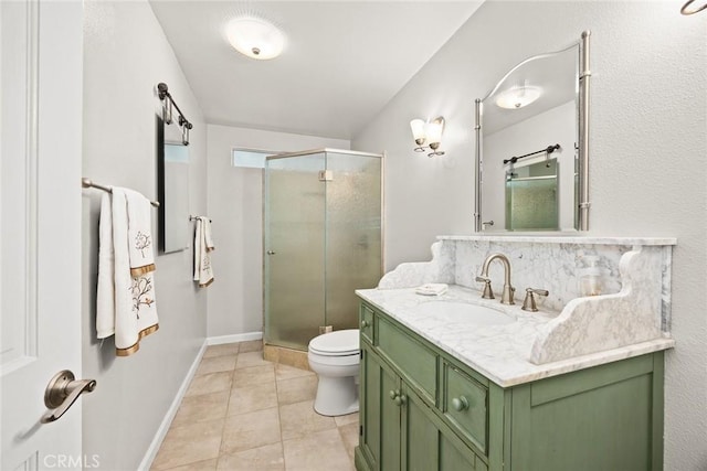 full bathroom featuring toilet, a shower stall, vanity, and baseboards