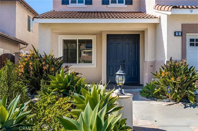 view of exterior entry featuring a tile roof and stucco siding