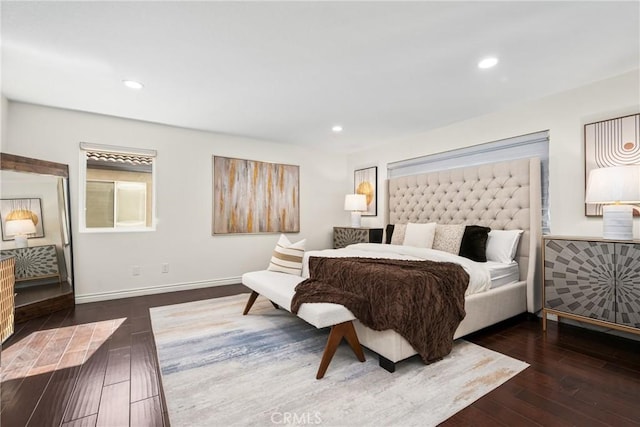 bedroom featuring recessed lighting, wood-type flooring, and baseboards