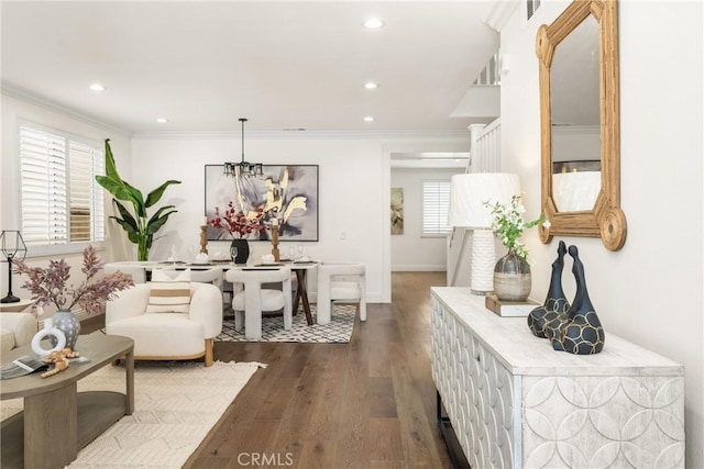 interior space with ornamental molding, recessed lighting, baseboards, and dark wood-style floors