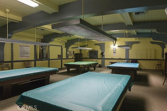 game room featuring carpet flooring, beamed ceiling, and billiards