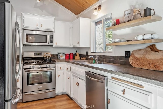 43121 Grizzly Rd, Big Bear Lake, CA 92315 - kitchen with stainless steel appliances, a sink, lofted ceiling, white cabinets, and dark countertops