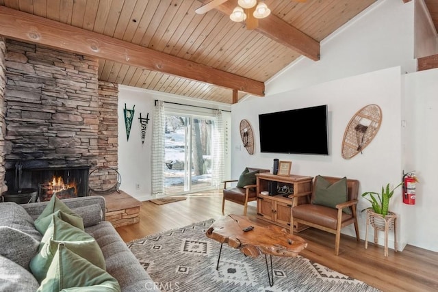 43121 Grizzly Rd, Big Bear Lake, CA 92315 - living room with wood finished floors, ceiling fan, wood ceiling, baseboards, and a fireplace