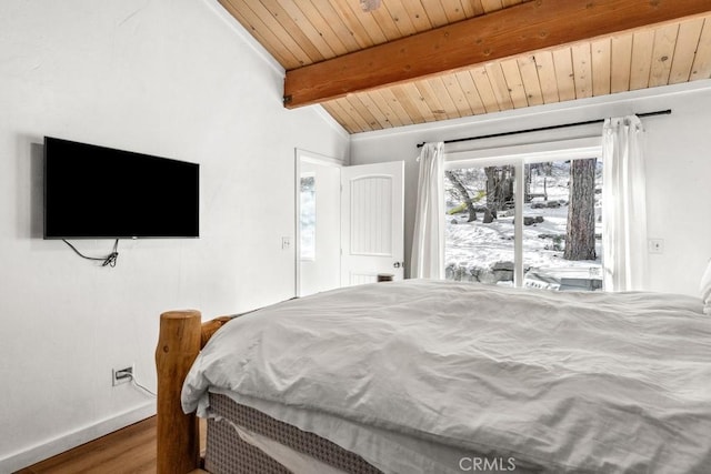 43121 Grizzly Rd, Big Bear Lake, CA 92315 - bedroom featuring baseboards, wood finished floors, wood ceiling, and access to exterior