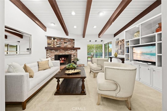 living area featuring recessed lighting, beam ceiling, light carpet, and a fireplace