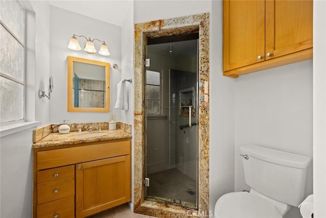 bathroom with toilet, a stall shower, and vanity