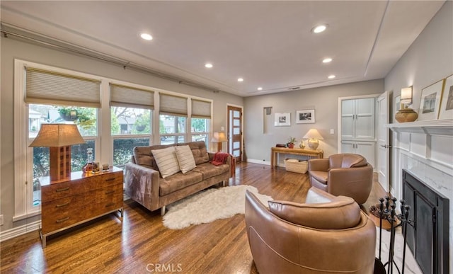 living area featuring baseboards, a fireplace, wood finished floors, and recessed lighting