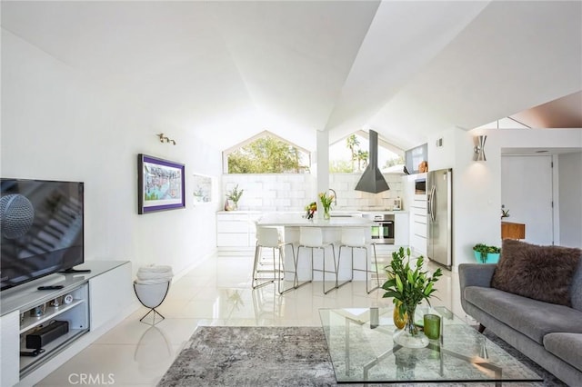 living room with lofted ceiling